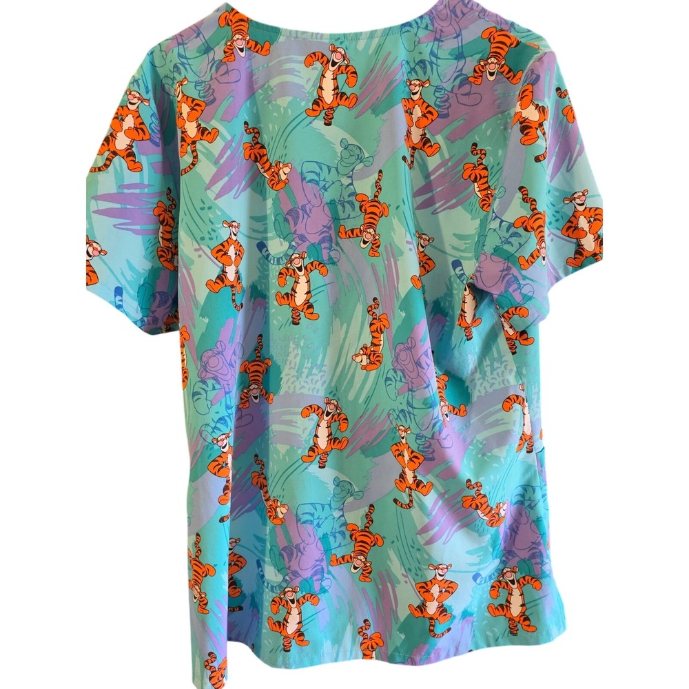 Disney Tigger Scrub Top Womens Nurse Large V-Neck Teal Purple Winnie the Pooh - Picture 2 of 4